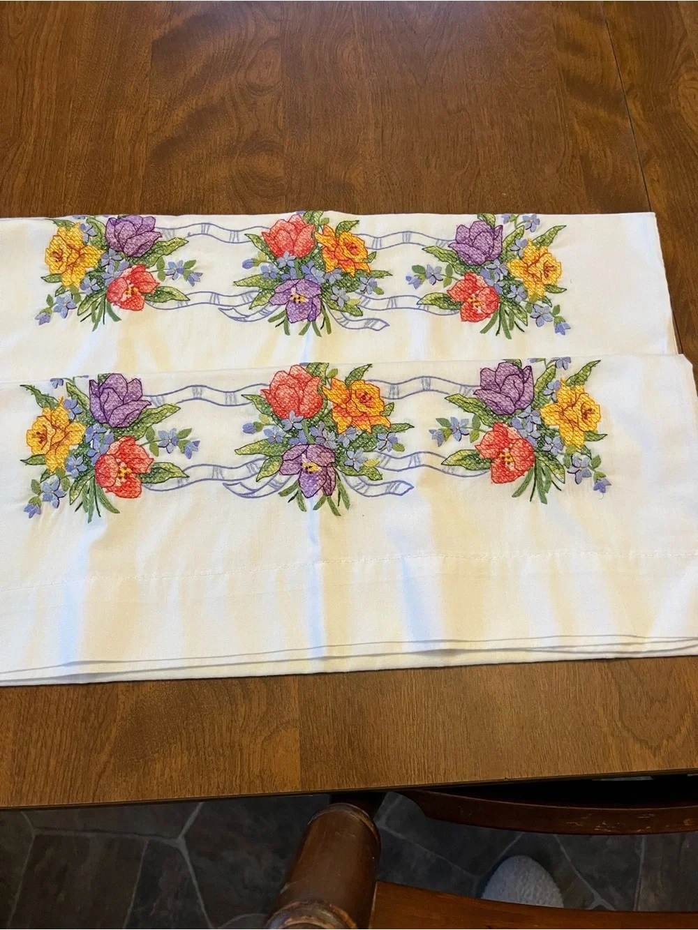 Floral Embroidered White Pillowcase Pair - Multicolor Bouquet Design